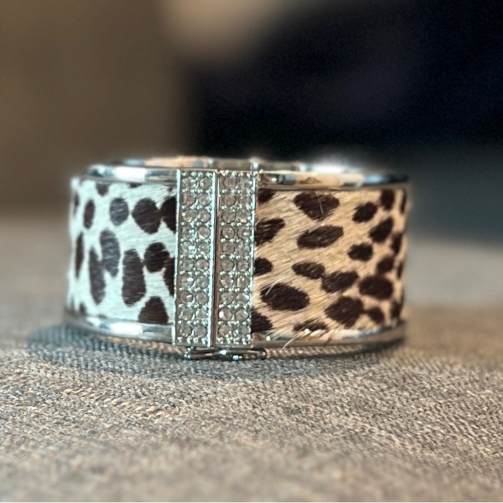 Ann Taylor Animal Print Hair Calf Hinged Bracelet with Rhinestone Center Stripe